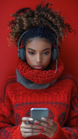 A woman wearing headphones is focused on her cell phone screen.の素材