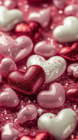 Heart shaped ornaments in various shades of red and white are arranged on a soft pink surface. The decorations display sparkling and glossy finishes, enhancing their festive look.の素材
