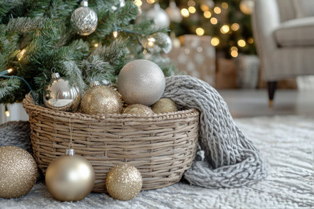 A woven basket sits beneath a decorated Christmas tree filled with shiny gold, silver, and patterned ornaments.の素材