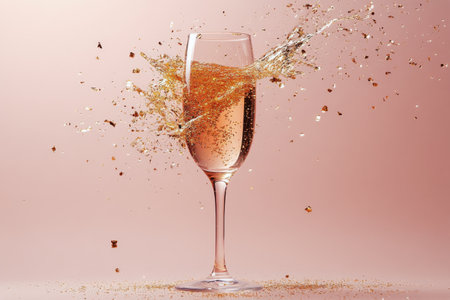 A glass filled with sparkling drink experiences an explosive moment, sending golden particles flying in all directions. The vibrant background enhances the dynamic effect of the burst.の素材