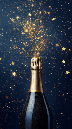 A champagne bottle is being opened, releasing bubbles and sparkling effervescence against a backdrop of twinkling stars. This moment captures the essence of celebration and joy.の素材