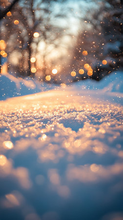 Soft sunlight reflects off the snow, creating a magical winter atmosphere. Blurred lights add a dreamy touch, showcasing the beauty of the season as snow gently falls in the serene setting.の素材