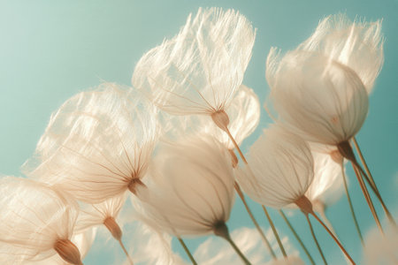 A close up view reveals translucent flowers gently swaying in the soft morning light. Their delicate petals shine beautifully, creating a tranquil atmosphere in a natural setting.の素材