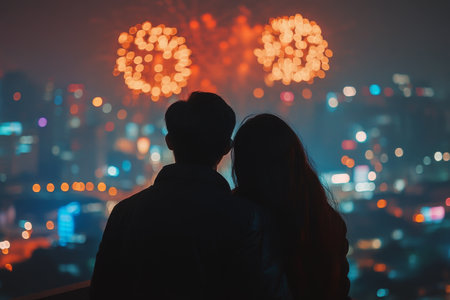 A couple enjoys a breathtaking fireworks show lighting up the night sky above a vibrant city skyline. Their silhouettes are framed against the colorful explosions, creating a moment of intimacy.の素材
