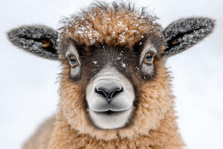 A young sheep stands quietly, its wool covered with small snowflakes. The bright white background enhances the sheeps features, showing its curious expression in a cold winter setting.の素材