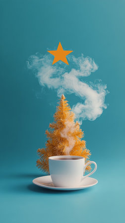 A steaming cup of coffee emits white vapor that magically transforms into a shimmering golden Christmas tree against a teal background, creating a festive atmosphere ideal for the holidays.の素材