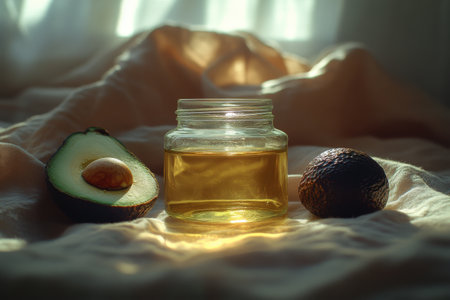 A glass jar filled with golden avocado oil is next placed to a halved avocado that shows its seed, resting on a soft textured fabric. Warm sunlight enhances the natural colors of the scene.の素材