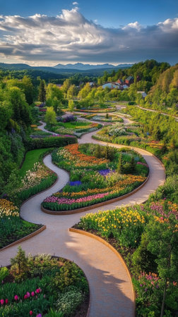 A vibrant spring garden features an array of blooming flowers in various colors, arranged in curved beds.の素材
