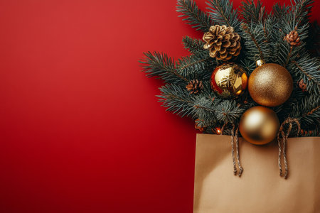 Golden ornaments and pine branches are beautifully arranged beside a kraft gift bag, creating a festive holiday atmosphere against a vibrant red backdrop.の素材