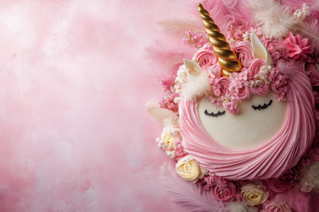 A beautifully crafted unicorn cake is decorated with pink roses and delicate flowers, placed against a soft pink background. The cake features a charming golden horn at the top.の素材