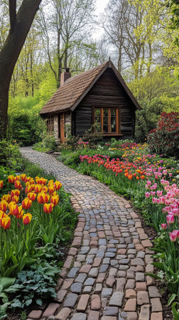 Nestled among lush greenery, a quaint wooden cabin stands proudly amid blooming flowers, creating a picturesque scene of tranquility.の素材