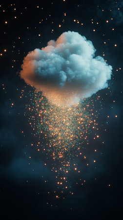 A fluffy cloud hovers in the night sky, emitting a cascade of sparkling particles that illuminate the surrounding darkness. Stars twinkle brightly around the enchanting scene.の素材