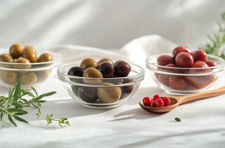 Four bowls containing green, black, and orange olives are arranged on a white tablecloth. Fresh herbs accompany the olives, creating a vibrant and inviting presentation.の素材