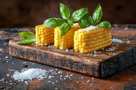 Golden corn is arranged neatly on a wooden board, garnished with fresh basil leaves and a sprinkle of salt, creating a vibrant and appetizing presentation ideal for serving.の素材