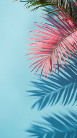 This vibrant setup features tropical palm leaves that create intricate shadows on a bright pink blank canvas. The sunlight enhances the lively colors, giving an uplifting atmosphere.の素材
