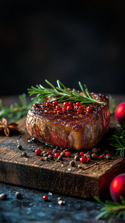 A grilled steak garnished with fresh herbs rests on a rustic wooden board surrounded by festive decorations. Cinnamon sticks, red ornaments, and star anise create a warm holiday atmosphere.の素材