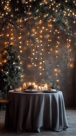 A beautifully set dinner table features an array of candles surrounded by decorations, creating a warm atmosphere. Soft lights hang from above, enhancing the cozy ambiance for gatherings.の素材