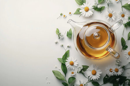 A clear teapot with amber herbal tea sits elegantly, surrounded by fresh white daisies and green leaves. The arrangement creates a serene atmosphere perfect for relaxation or tea time.の素材