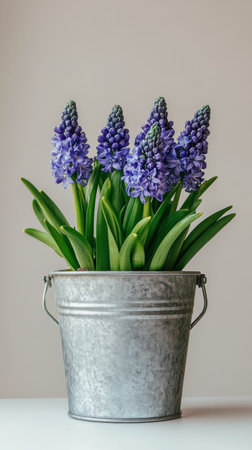 A charming arrangement of vibrant blue hyacinth flowers sits in a rustic metal pot. The plant displays lush green leaves, creating a lovely contrast against a soft, neutral backdrop.の素材