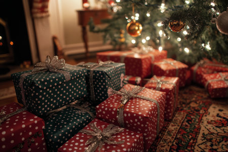 A collection of beautifully wrapped gifts with polka dot patterns rests beneath a Christmas tree, sparkling with festive lights. This setting captures the joyful spirit of the holiday season.の素材