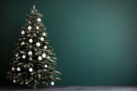 A stunning Christmas tree stands adorned with shimmering silver ornaments and sparkling lights, contrasting beautifully against a rich dark green backdrop.の素材
