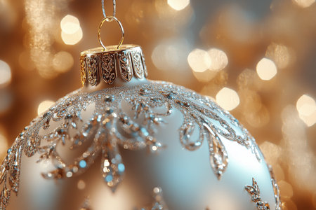 This golden ornament is beautifully adorned with glitter and swirls. It dangles gracefully in front of a backdrop filled with warm, twinkling lights, capturing the essence of the festive season.の素材