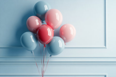 A group of colorful balloons in shades of red, yellow, and blue is gathered together. They are tied with a string and cast playful shadows on a textured wall, creating a cheerful atmosphere.の素材