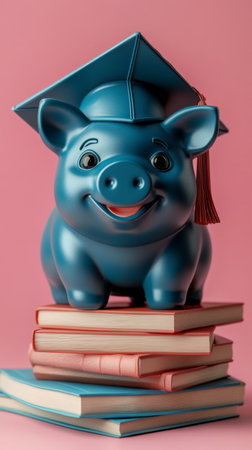 A playful blue piggy bank adorned with a graduation cap sits atop stacks of colorful books, symbolizing financial education. The vibrant background creates a cheerful atmosphere perfect for learning.の素材