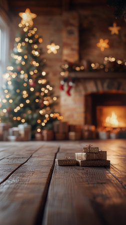 A warm holiday atmosphere features a Christmas tree adorned with lights and ornaments, surrounded by wrapped gifts. A fireplace casts a soft glow, enhancing the festive mood.の素材