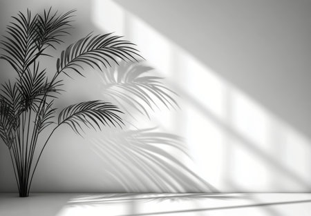 Palm leaves stretch across a textured wall, creating intricate shadows in the gentle afternoon light. The contrast highlights the natural beauty and textures, fostering a serene atmosphere.の素材