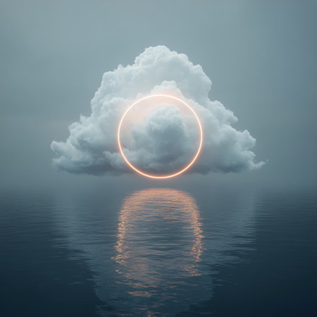 The tranquil waters mirror a captivating sunset where clouds are illuminated in brilliant hues. A circular light effect enhances the serene atmosphere as day transitions to night.の素材