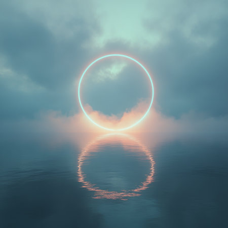 The tranquil waters mirror a captivating sunset where clouds are illuminated in brilliant hues. A circular light effect enhances the serene atmosphere as day transitions to night.の素材