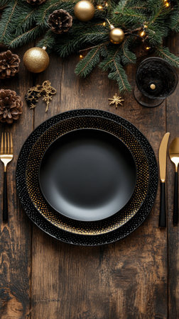 A stylish black dinnerware set is placed on a rustic wooden table, surrounded by holiday decorations and gold ornaments, creating an inviting atmosphere perfect for a special meal.の素材
