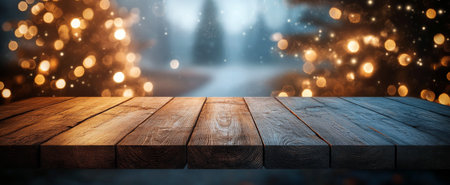 A wooden table is set in the foreground against a dreamy winter backdrop. Soft lights twinkle among the trees, creating a warm and inviting atmosphere perfect for seasonal gatherings.の素材