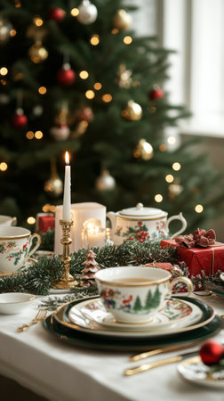 Delicate china cups and a teapot are arranged on a table adorned with festive decorations, candles, and gifts. A Christmas tree with soft lights adds warmth to the cheerful setting.の素材