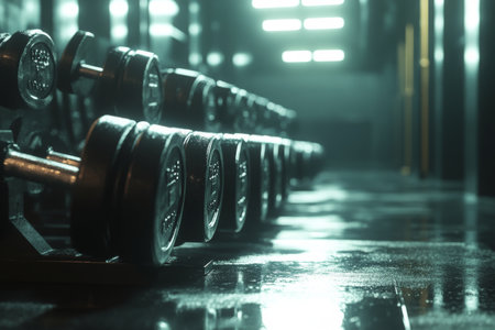 A row of dumbbells is neatly arranged in a modern gym setting, illuminated by blue and orange lights, creating a vibrant atmosphere perfect for evening workouts.の素材