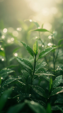 Delicate green leaves stand tall, illuminated by soft sunlight, creating a peaceful atmosphere in a lush outdoor setting. The background is blurred, emphasizing natures beauty.の素材