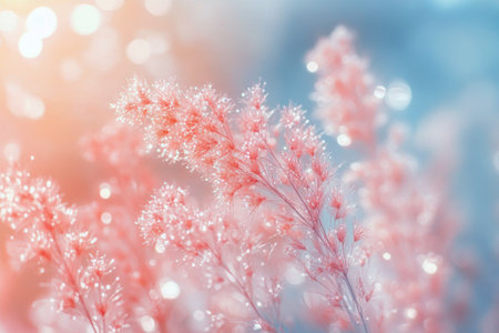 Glimmering strands of grass adorned with morning dew create a tranquil atmosphere, illuminated by gentle light, evoking a peaceful sense of natures beauty during early hours.の素材