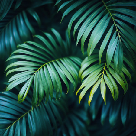 Dark green palm leaves overlap, creating a dense and lush texture that evokes a serene tropical environment. The rich colors and layers accentuate the beauty of nature.の素材