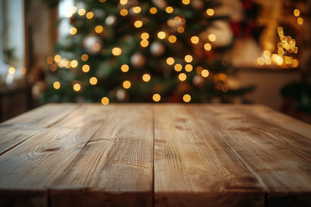 A beautifully crafted wooden table is in focus, with a Christmas tree adorned with soft glowing lights in the background, creating a warm winter evening atmosphere.の素材