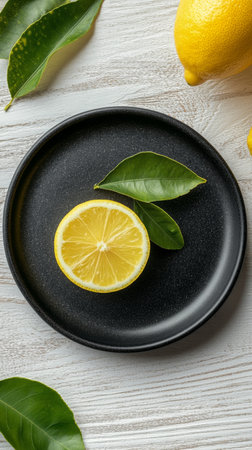 Three whole lemons and a halved lemon rest on a black plate, surrounded by green leaves, displayed on a charming, rustic wooden table.の素材