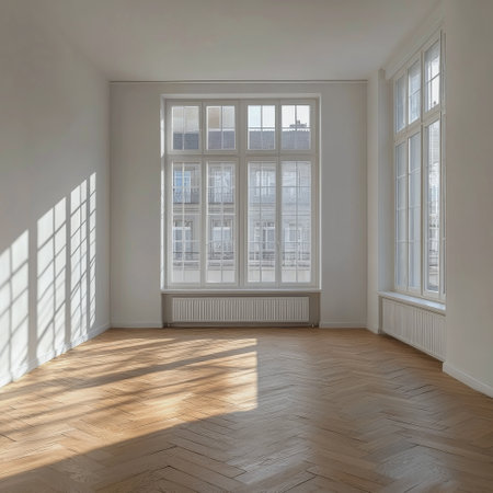 A spacious room features elegant wooden flooring and large windows that allow natural light to fill the space. The minimalist design creates a serene and welcoming atmosphere.の素材