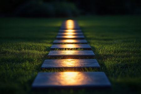 A tranquil garden pathway features large stone slabs surrounded by grass, with glowing lanterns positioned on either side, creating a warm ambiance during the early evening.の素材