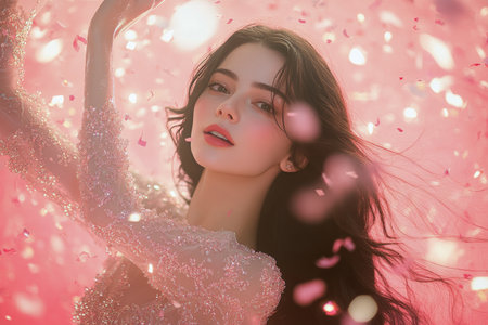 A woman poses confidently with long, flowing hair, adorned in a shimmering outfit. The background features a bright pink hue, while colorful confetti adds a festive touch to the atmosphere.の素材