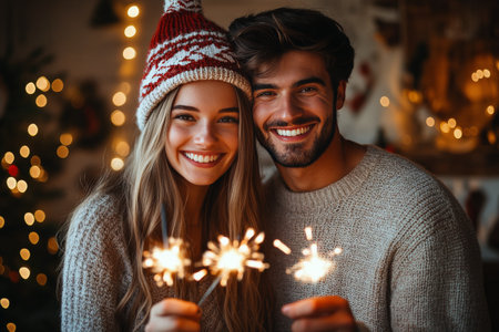Two young people stand closely together on a cold winter evening, holding sparklers and smiling brightly while enjoying a festive atmosphere filled with light and warmth.の素材