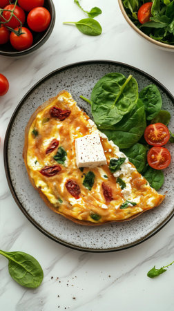 A mouthwatering vegetable frittata topped with a square of cheese is placed on a plate. A side salad with fresh greens and cherry tomatoes adds color, making for a healthy meal.の素材