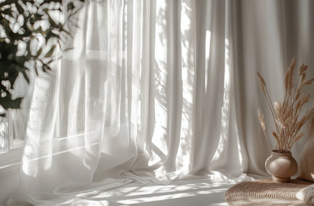 Natural light floods a minimalist room featuring white curtains gently swaying in the breeze. The clean, simple decor creates a tranquil and inviting atmosphere ideal for relaxation or creativity.の素材