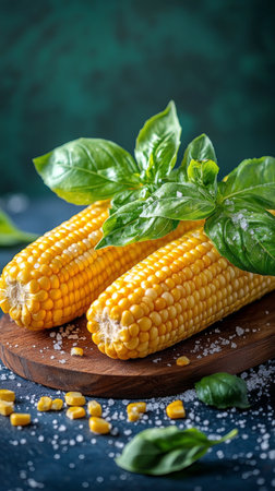 Two ears of vibrant yellow corn on the cob rest on a wooden board garnished with fresh basil leaves and a sprinkle of salt, creating a simple yet appetizing display of fresh produce.の素材
