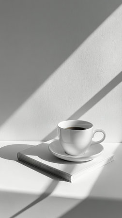 A white cup filled with coffee rests on a small plate, sitting atop an open book on a table. Soft shadows play across the surface in the gentle morning light.の素材