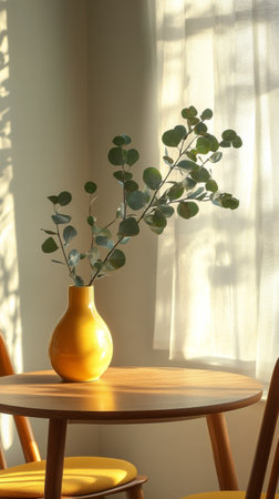 A modern dining area features a round table and chair, both in yellow, accompanied by a simple vase holding branches. Soft sunlight casts gentle shadows on the walls, creating a warm atmosphere.の素材